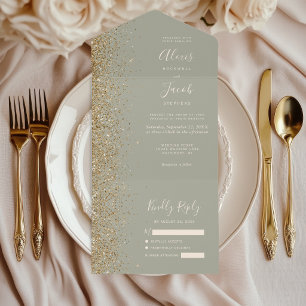 Moderne goldene Glitter-Salbei-Grüne Hochzeit All In One Einladung