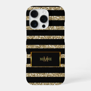 Moderne goldene Glitter Schwarzstreifen Monogramm iPhone 16 Pro Hülle