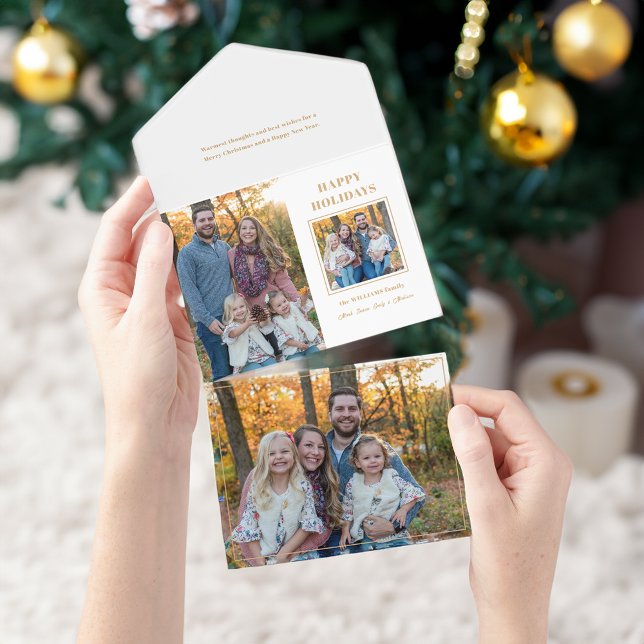 Moderne Goldene glückliche Ferien mit zwei Fotos All In One Einladung (Von Creator hochgeladen)