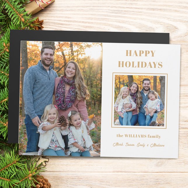 Moderne Goldene glückliche Ferien mit zwei Fotos Magnetkarte (Von Creator hochgeladen)