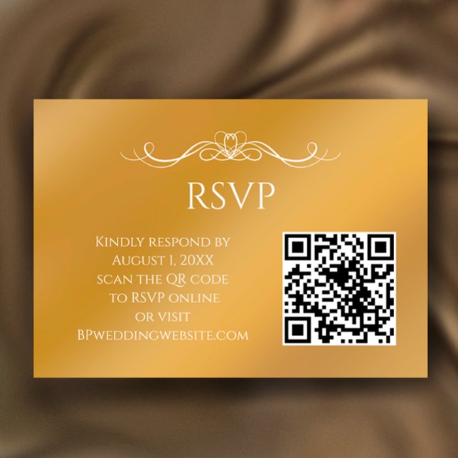 Moderne Goldene Gradient Benutzerdefinierte QR-Cod RSVP Karte (Customize this faux gold gradient RSVP card with your QR code and elegant calligraphy script.)