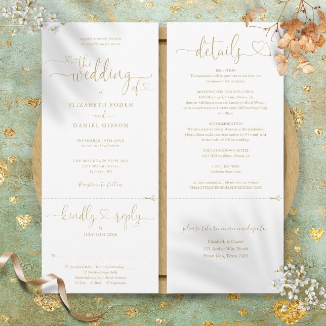 Moderne Goldene Herzensschrift in einer Hochzeit Einladung (Modern Gold Heart Script All In One Wedding Invitation)