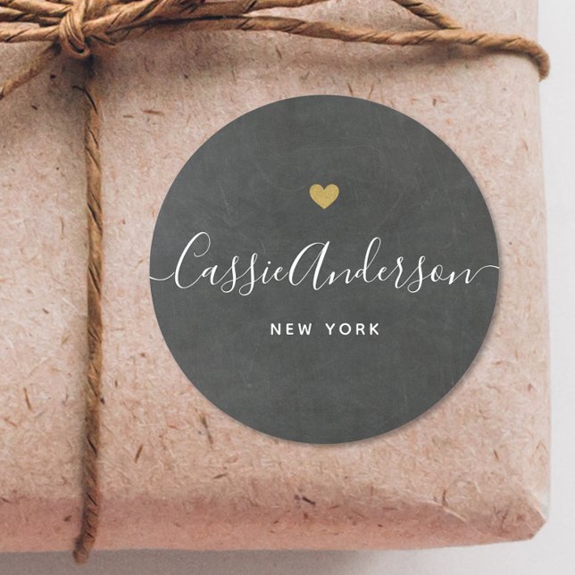 Moderne goldene Herzkalligrafie - Name Grau Runder Aufkleber (Von Creator hochgeladen)