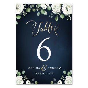 Moderne goldene Hochzeit mit blauen Blumen Tischnummer