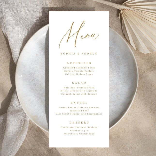 Moderne, goldene Hochzeitsschrift Menükarte (Gold elegant modern script minimalist wedding menu)