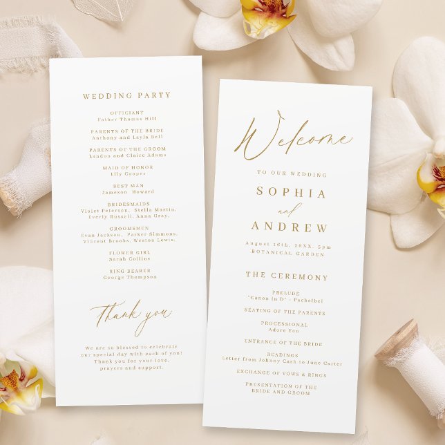 Moderne, goldene Hochzeitsschrift Programm (Gold elegant modern script minimalist wedding program)