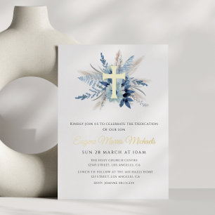 moderne goldene Kreuz blaue florale Widmung Folieneinladung