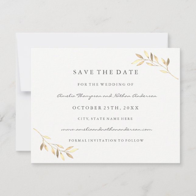 Moderne goldene Leaf-Hochzeit rettet das Datum Save The Date (Vorderseite)