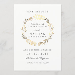 Moderne goldene Leaf-Kranz-Hochzeit rettet das Dat Save The Date