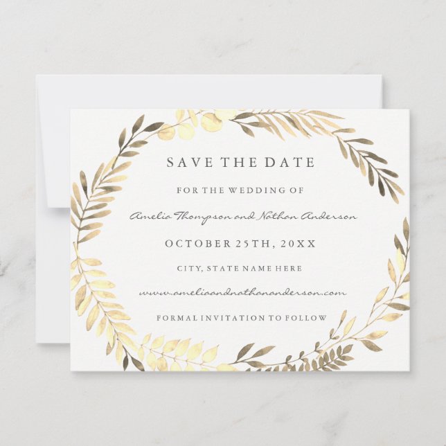 Moderne goldene Leaf-Kranz-Hochzeit rettet das Dat Save The Date (Vorderseite)