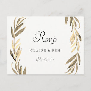 Moderne Goldene Leaf Wreath Wedding RSVP Postcard Einladungspostkarte