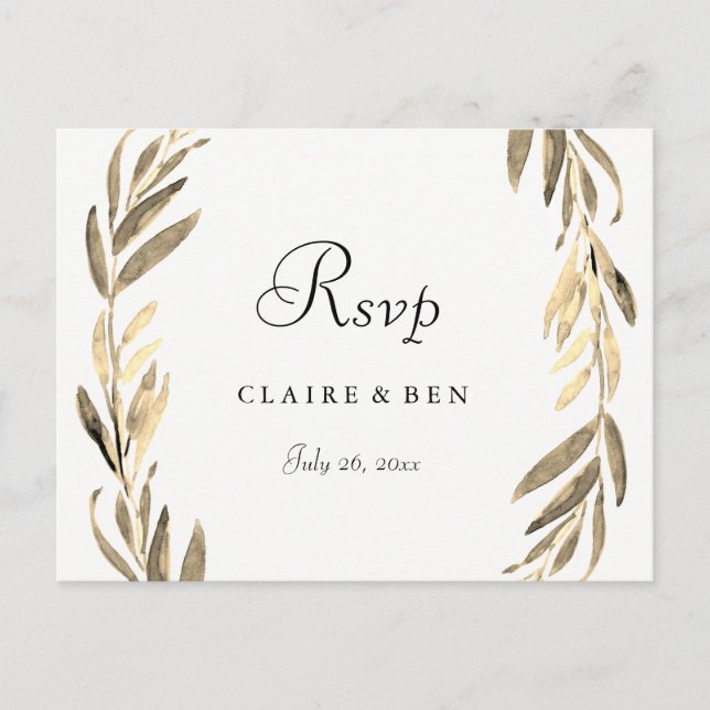 Moderne Goldene Leaf Wreath Wedding RSVP Postcard Einladungspostkarte (Vorderseite)