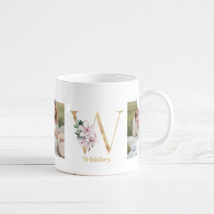 Moderne Goldene Letter W Blume Zweifoto-Monogram Kaffeetasse