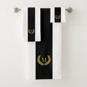 Moderne Goldene Lorbeeren & Monogramm auf Schwarz Badhandtuch Set