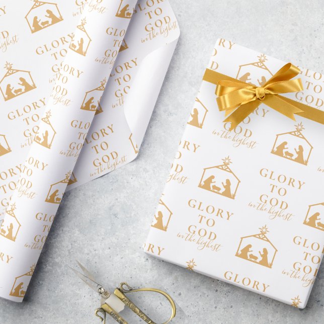 Moderne goldene Minimalistische religiöse Weihnach Geschenkpapier (Religious Christmas gift wrap in gold and white with nativity and Bible verse)