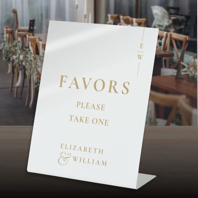 Moderne goldene Monogram-Favoriten für Hochzeiten Sockelschild (Gold Modern Elegant Monogram Favors Wedding Pedestal Sign)