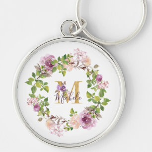 Moderne goldene Monogramm M Wasserfarben-Blumenkra Schlüsselanhänger