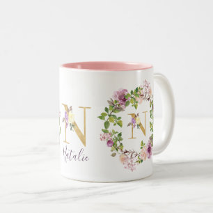 Moderne goldene Monogramm N Wasserfarben-Blumenkra Zweifarbige Tasse