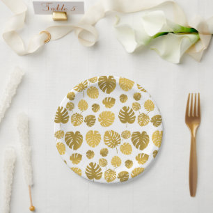 Moderne goldene Monstera-Tropenblätter-Muster Pappteller
