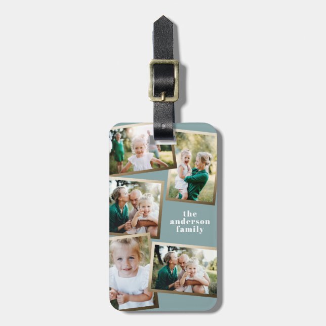 Moderne goldene Multi-Foto-Familie stilvoll Gepäckanhänger (Vorderseite vertikal)