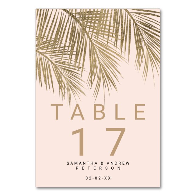 Moderne goldene Palme eleganten Hochzeitstisch ros Tischnummer (Vorderseite)