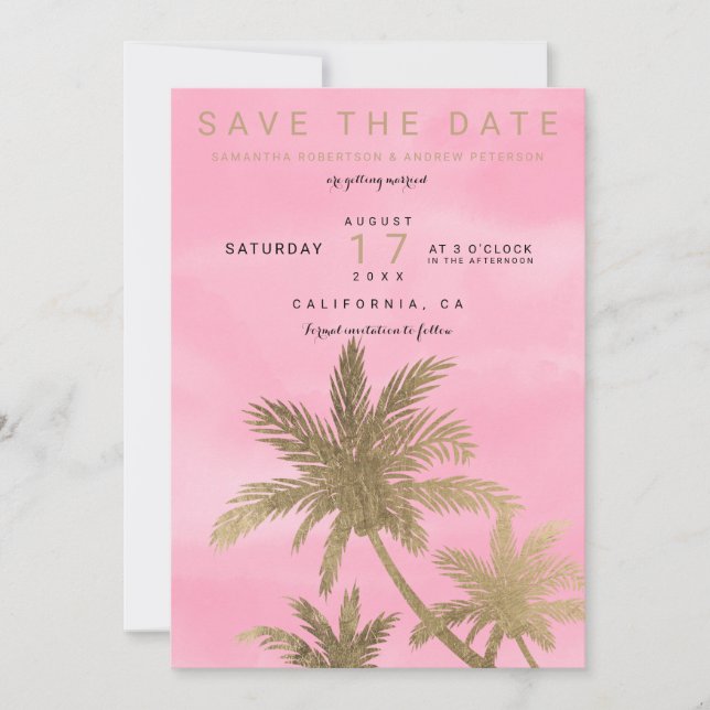 Moderne goldene Palmen, rosa elegant Save the Date (Vorderseite)