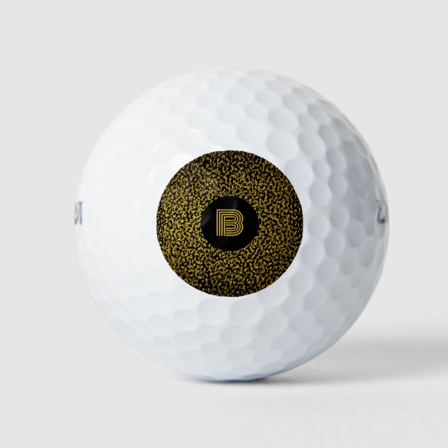 Moderne goldene Punkte in Monogramm schwarz Golfball (Vorderseite)