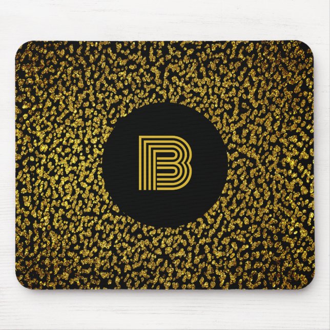Moderne goldene Punkte in Monogramm schwarz Mousepad (Vorne)