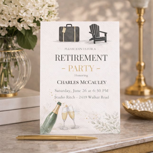 Moderne goldene Ruhestands-Einladung Einladung (Modern gold retirement party invite with champagne detail and refined evening feel)