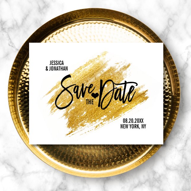 Moderne goldene schwarze Hochzeit SPAREN DAS DATUM Ankündigungspostkarte (Von Creator hochgeladen)
