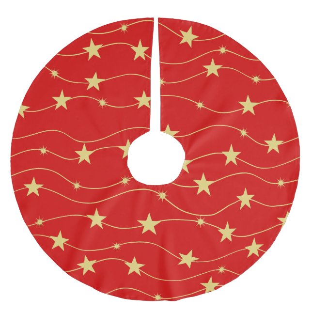 Moderne Goldene Sterne Rot Polyester Weihnachtsbaumdecke (Vorderseite)
