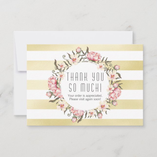 Moderne goldene Streifen & rosa bläserne Rose Viel Dankeskarte (Vorderseite)