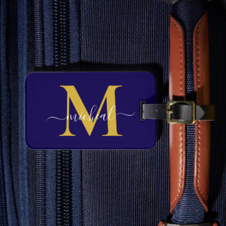 Moderne goldene und blaue Monogramm-Schrift-Name Gepäckanhänger