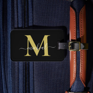Moderne goldene und schwarze Monogramm-Schrift Nam Gepäckanhänger