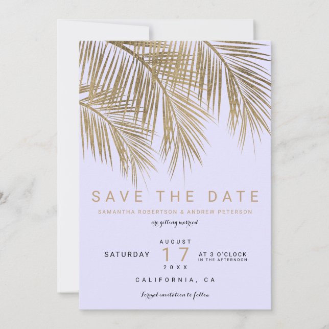 Moderne goldfarbene lila Palme Save the Date elega (Vorderseite)
