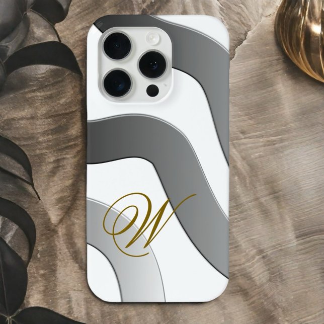 Moderne goldfarbene Monogramm abstrakte Graulinie Case-Mate iPhone Hülle (Von Creator hochgeladen)