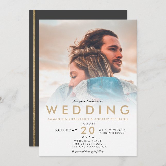 Moderne, goldfarbene Omelette Foto Hochzeit Einladung (Vorne/Hinten)