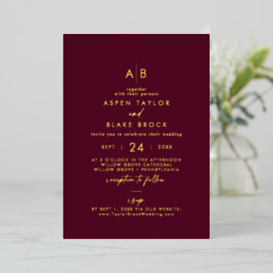 Moderne Goldfoil-Burgundy Monogram-UAWG Wedding Folieneinladung