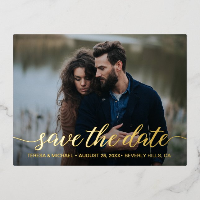 Moderne Goldfolie Save the Date Foto Hochzeitsfoli Folie Einladungspostkarte (Vorderseite)