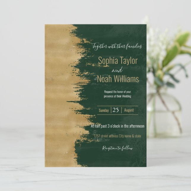 Moderne goldgrüne Pinselstriche Abstrakte Malerei (Stehend Vorderseite)