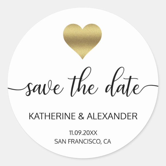 Moderne Goldherz-Weiße Hochzeit SPAREN DAS DATUM Runder Aufkleber (Vorderseite)