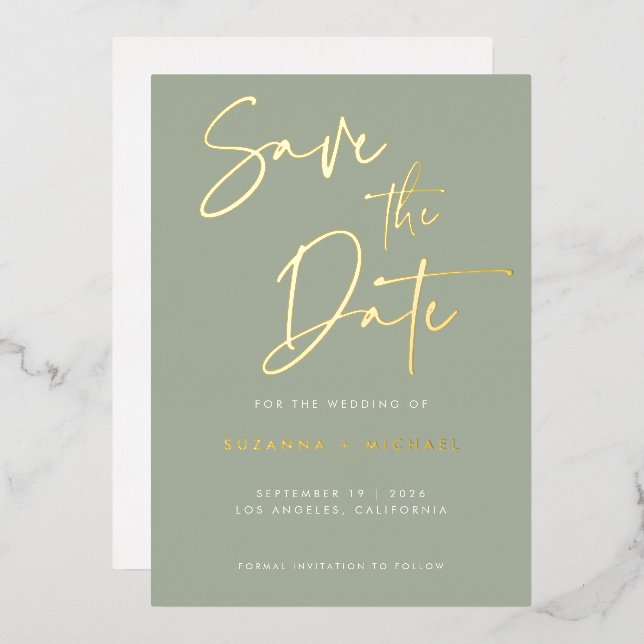 Moderne Goldkalligrafie-Hochzeit Folieneinladung (Vorderseite/Rückseite)