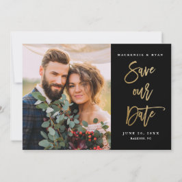 Moderne Goldkalligrafie-Schwarzes Foto Hochzeit Save The Date