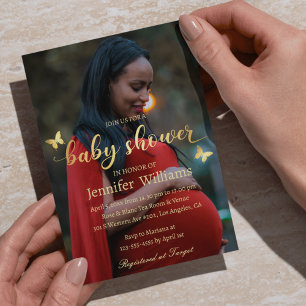 moderne Goldkalligraphie-Foto-Babydusche Einladung