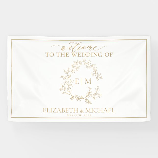 Moderne Goldleafy-Wappen-Monogram-Hochzeit Banner (Horizontal)