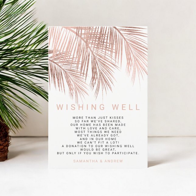 Moderne Goldpalme der Rose, die eine gute Hochzeit Begleitkarte (Modern rose gold palm tree wishing well wedding enclosure card)