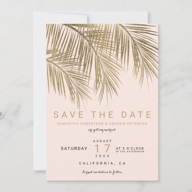 Moderne Goldpalme, elegant Save the Date rosa (Vorderseite)