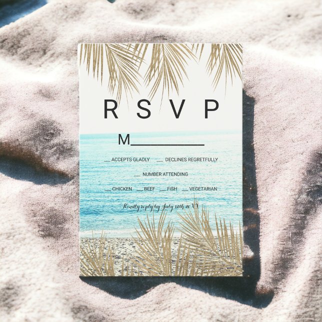 Moderne Goldpalme Strand Foto UAWG Hochzeit RSVP Karte (Modern gold palm tree beach photo RSVP wedding)