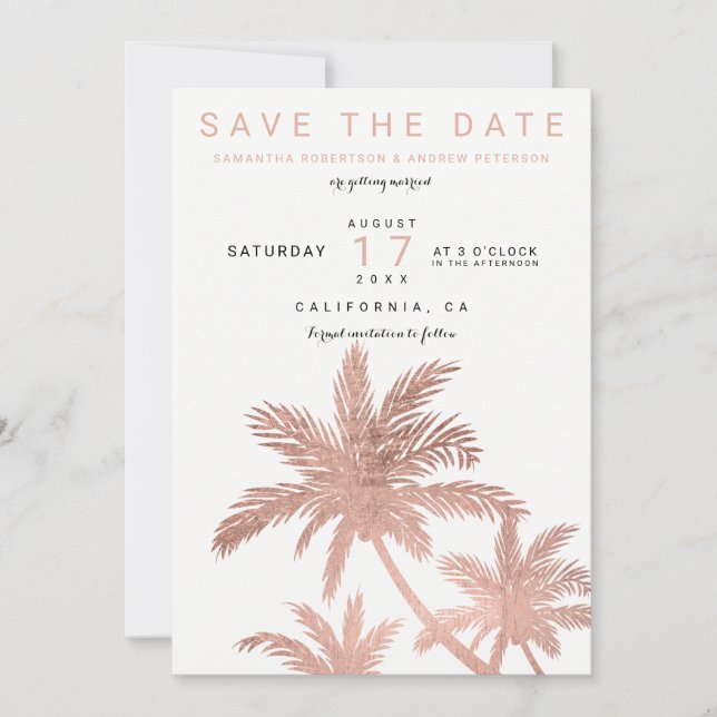 Moderne Goldpalmen der Rose Save the Date elegant (Vorderseite)
