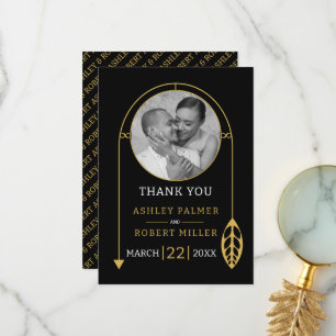 Moderne Goldrahmen mit Foto- und Blatthochzeit Dankeskarte